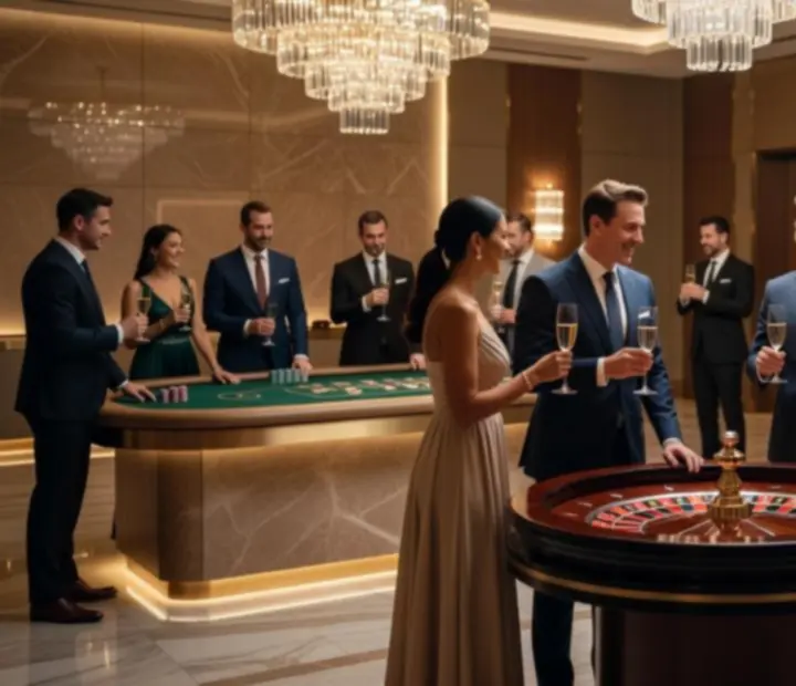 Widok na eleganczną salę eventową z profesjonalnymi stołami do gier casino na wydarzeniu firmowym.