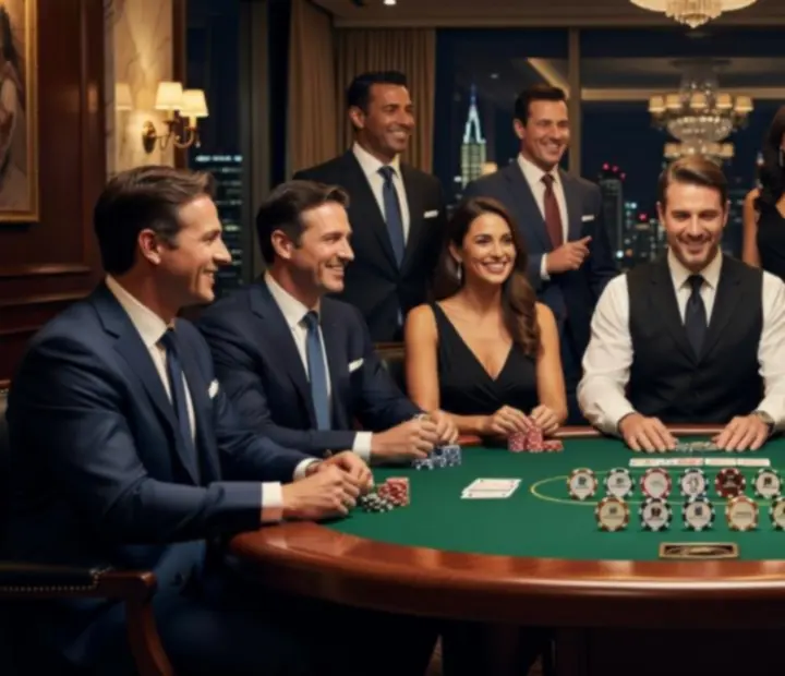 Zespół korporacyjny podczas integracyjnego wieczoru pokerowego przy profesjonalnym stole do gry.