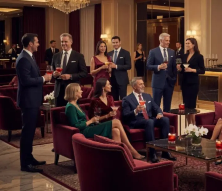 Elegancki koktajl firmowy z gośćmi rozmawiającymi przy barze w luksusowej scenerii.
