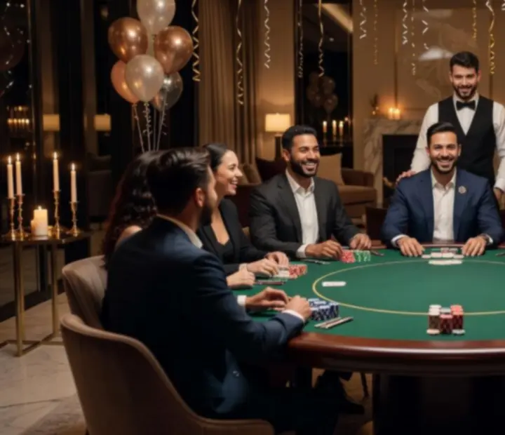 Goście świętujący urodziny przy eleganckim stole pokerowym