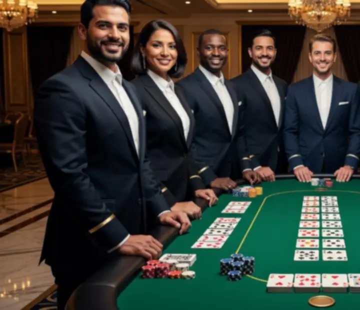 Profesjonalni krupierzy prowadzący wieczór pokerowy podczas eleganckiego eventu.