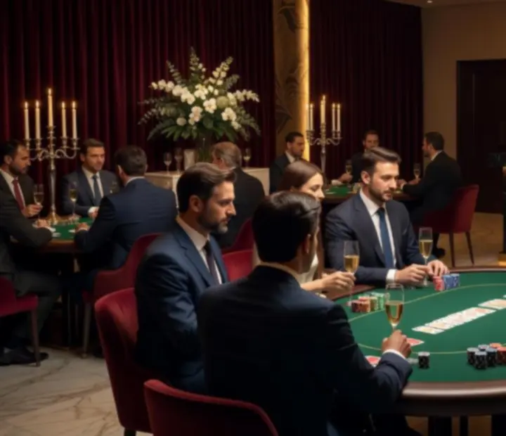 Ekskluzywny wieczór pokerowy z elegancko ubranymi gośćmi przy profesjonalnym stole pokerowym.