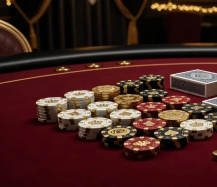 Ekskluzywne stoły pokerowe, eleganckie żetony i karty w luksusowej aranżacji eventowej.