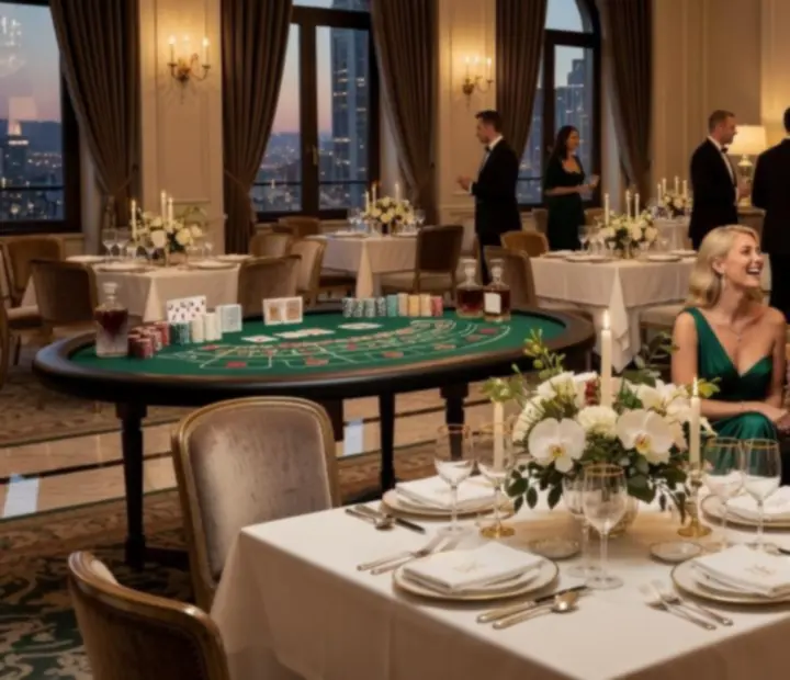 Kolaż z eleganckich prywatnych eventów z gośćmi przy stołach kasynowych