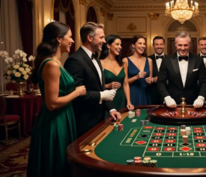 Goście podczas eleganckiego eventu bawiący się przy stole ruletkowym