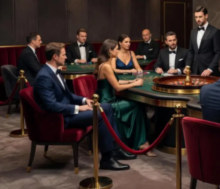 Prywatny salon gier VIP z profesjonalnymi stołami pokerowymi, ruletką i blackjackiem.